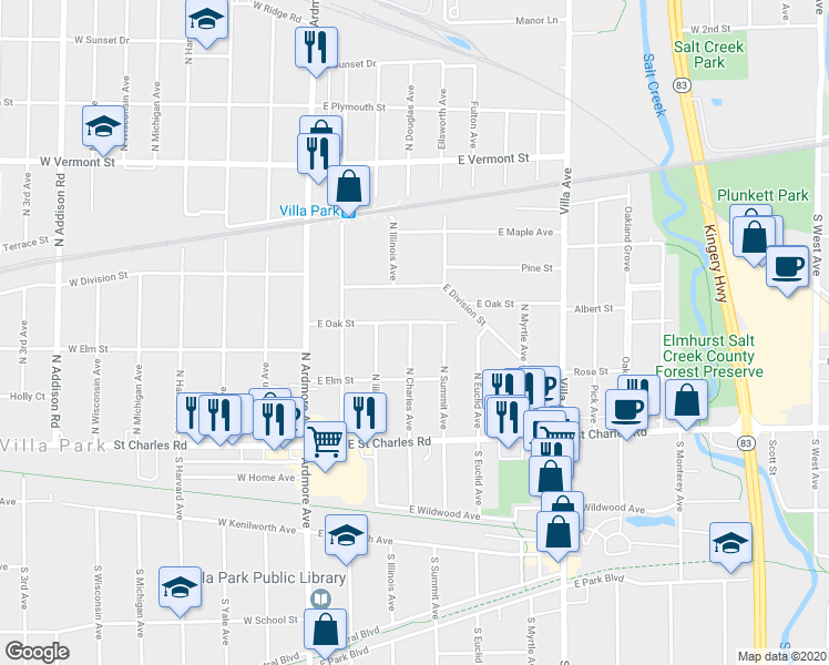 map of restaurants, bars, coffee shops, grocery stores, and more near 136 East Oak Street in Villa Park