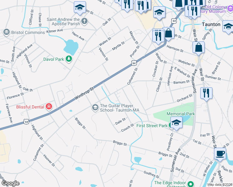 map of restaurants, bars, coffee shops, grocery stores, and more near 421 Cohannet Street in Taunton