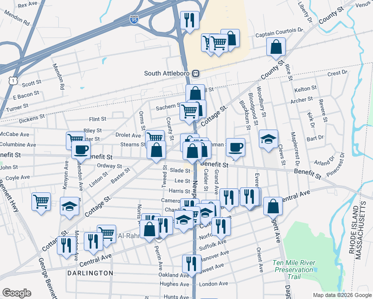 map of restaurants, bars, coffee shops, grocery stores, and more near 44 Charpentier Avenue in Pawtucket