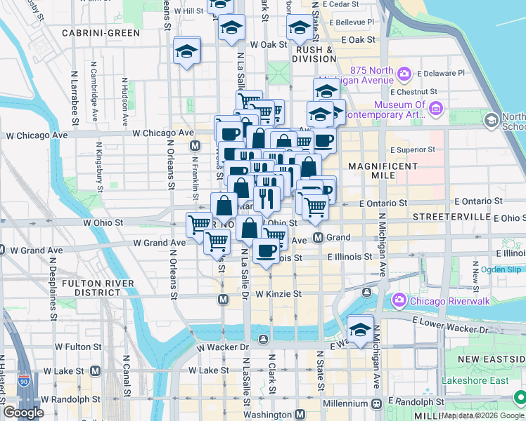map of restaurants, bars, coffee shops, grocery stores, and more near 600 North Clark Street in Chicago