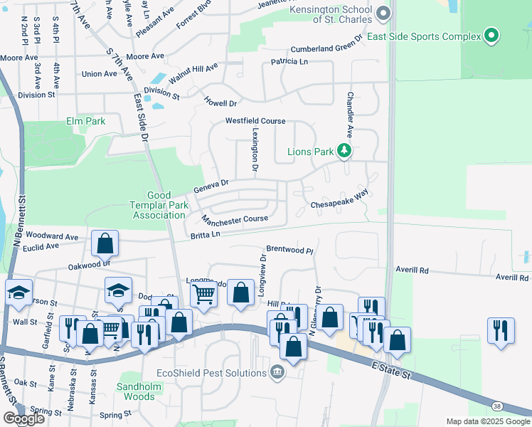 map of restaurants, bars, coffee shops, grocery stores, and more near 1019 Manchester Course in Geneva