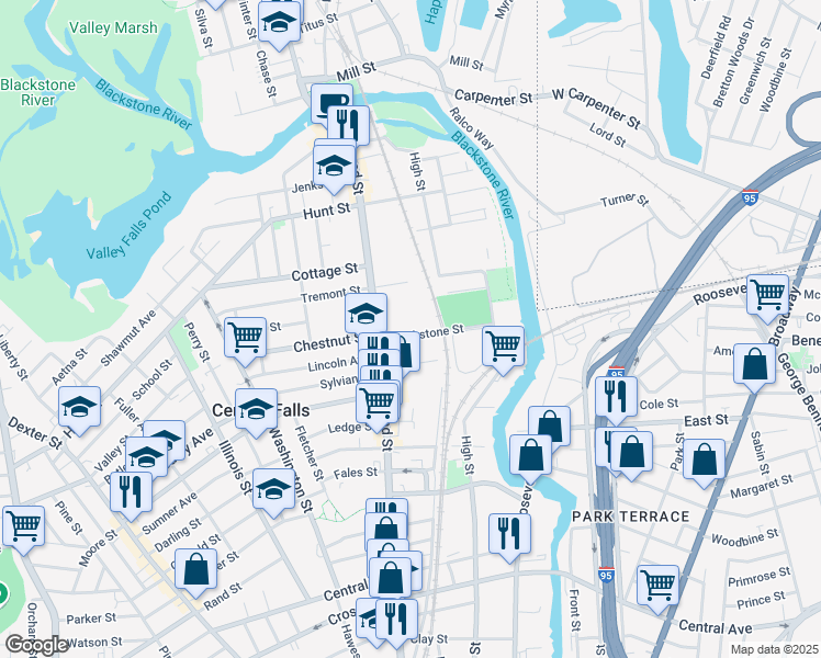 map of restaurants, bars, coffee shops, grocery stores, and more near 135 Blackstone Street in Central Falls