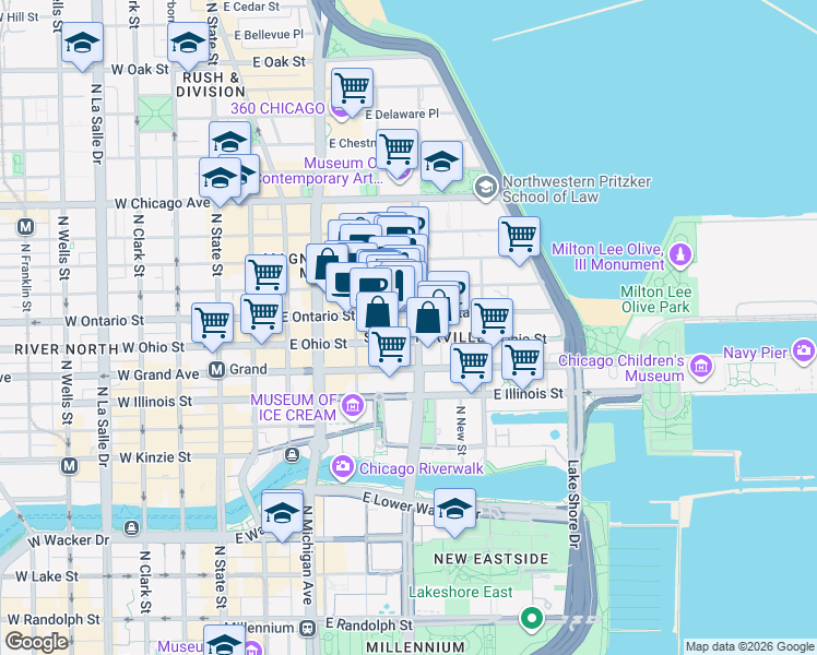 map of restaurants, bars, coffee shops, grocery stores, and more near 600 North Fairbanks Court in Chicago