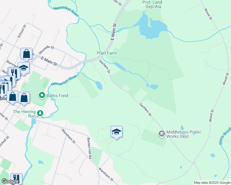 map of restaurants, bars, coffee shops, grocery stores, and more near 21 Sachem Street in Middleborough