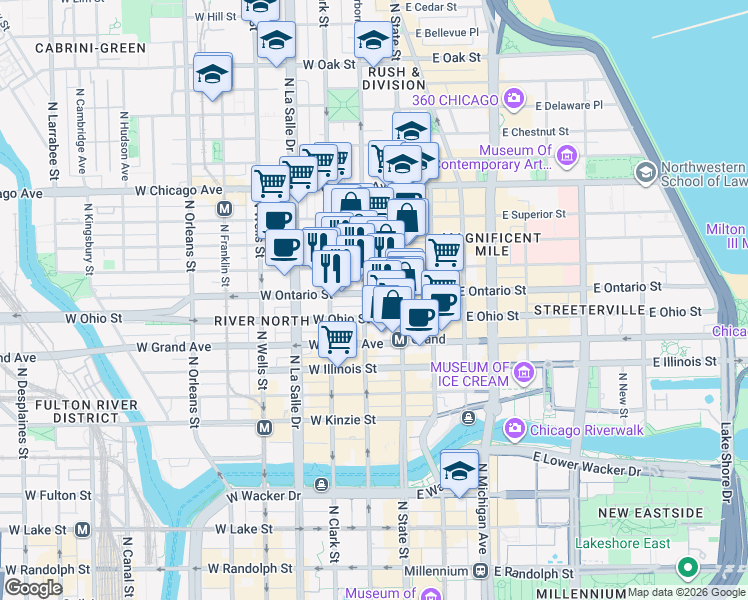 map of restaurants, bars, coffee shops, grocery stores, and more near 640 North Dearborn Street in Chicago