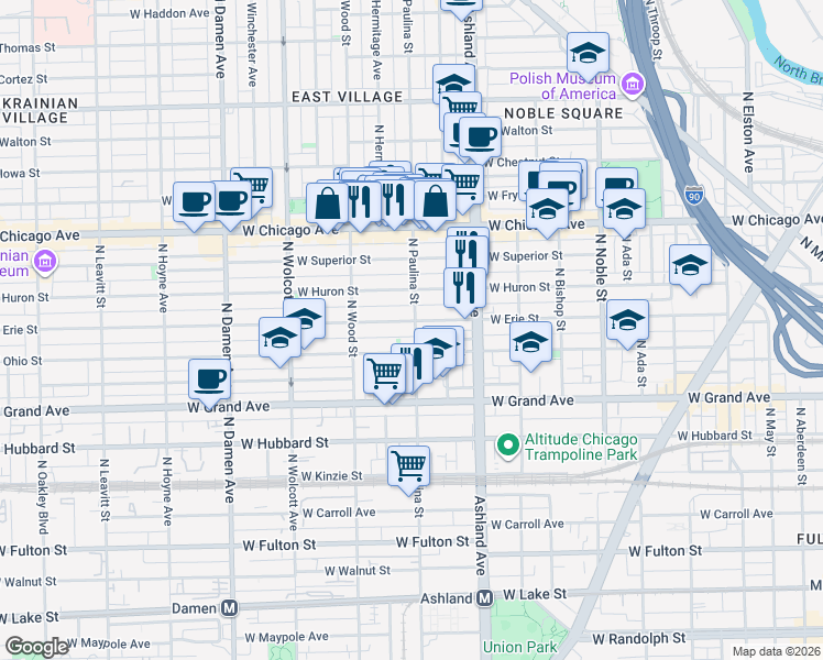 map of restaurants, bars, coffee shops, grocery stores, and more near 616 North Paulina Street in Chicago