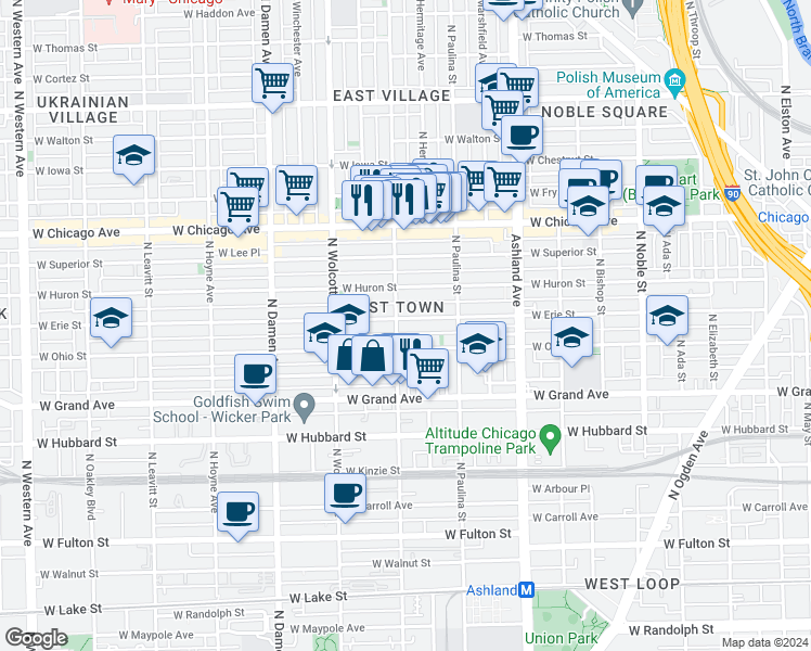 map of restaurants, bars, coffee shops, grocery stores, and more near 1753 West Erie Street in Chicago