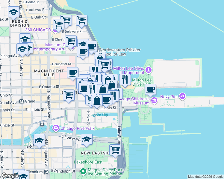 map of restaurants, bars, coffee shops, grocery stores, and more near 600 North Lake Shore Drive in Chicago