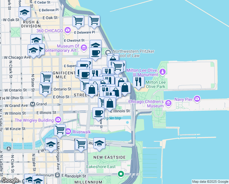 map of restaurants, bars, coffee shops, grocery stores, and more near 420 East Ohio Street in Chicago