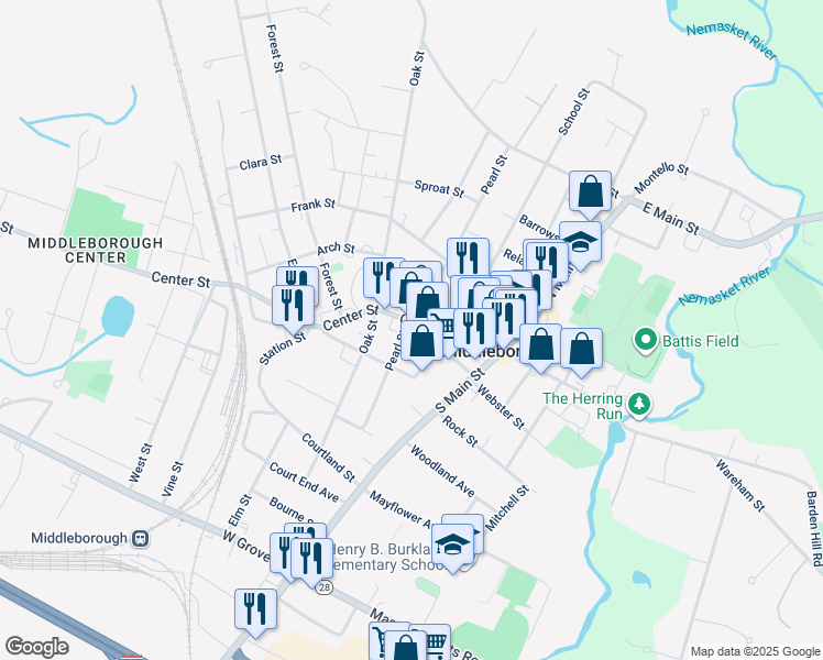 map of restaurants, bars, coffee shops, grocery stores, and more near 15 Center Street in Middleborough
