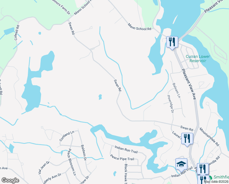 map of restaurants, bars, coffee shops, grocery stores, and more near 86 Swan Road in Smithfield