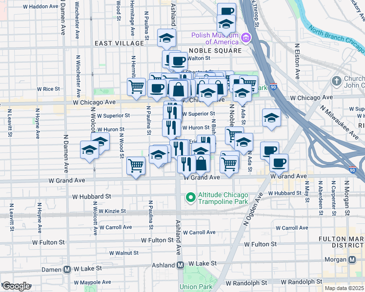 map of restaurants, bars, coffee shops, grocery stores, and more near 1508 West Erie Street in Chicago