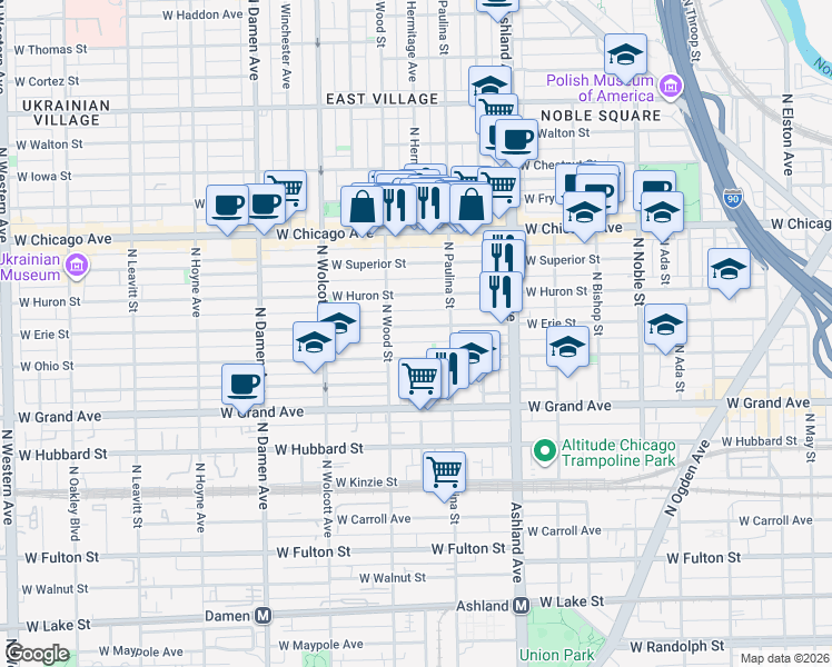 map of restaurants, bars, coffee shops, grocery stores, and more near 1735 West Erie Street in Chicago