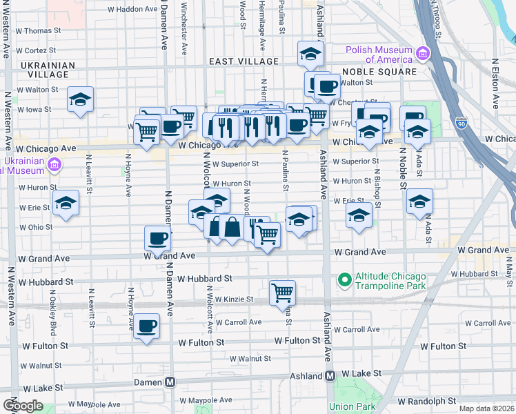 map of restaurants, bars, coffee shops, grocery stores, and more near 1743 West Erie Street in Chicago