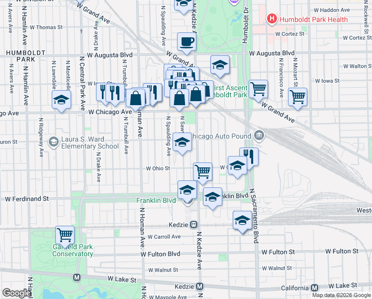 map of restaurants, bars, coffee shops, grocery stores, and more near 652 North Sawyer Avenue in Chicago