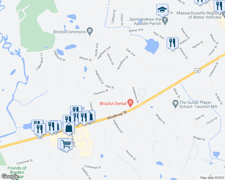 map of restaurants, bars, coffee shops, grocery stores, and more near 176 Oak Street in Taunton