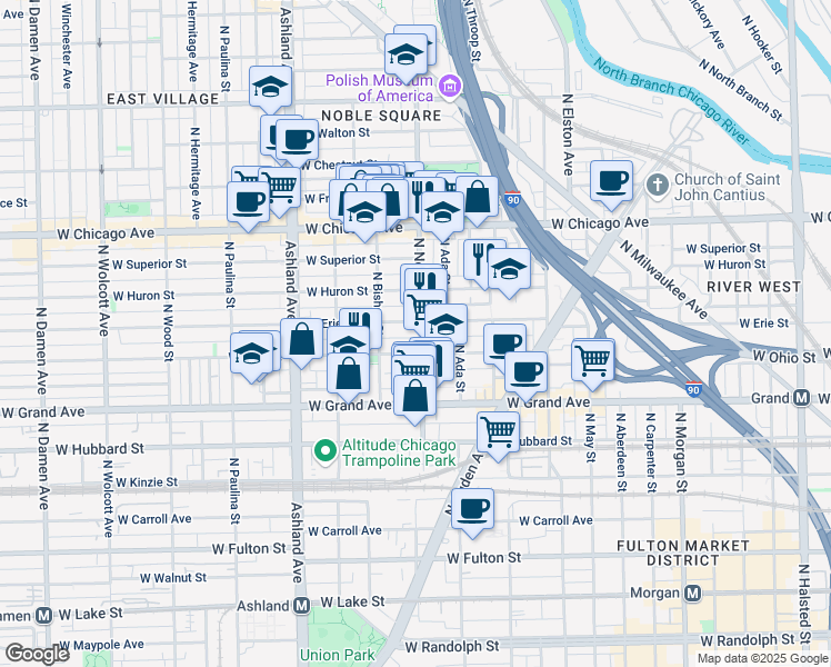 map of restaurants, bars, coffee shops, grocery stores, and more near 1416 West Erie Street in Chicago