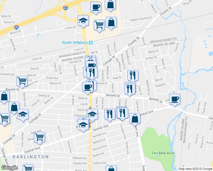 map of restaurants, bars, coffee shops, grocery stores, and more near 30 Madison Street in Pawtucket