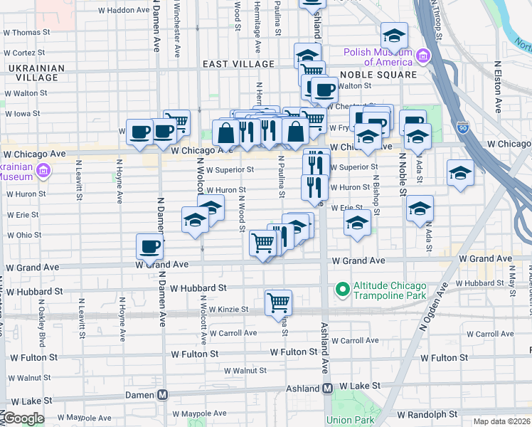 map of restaurants, bars, coffee shops, grocery stores, and more near 1718 West Erie Street in Chicago