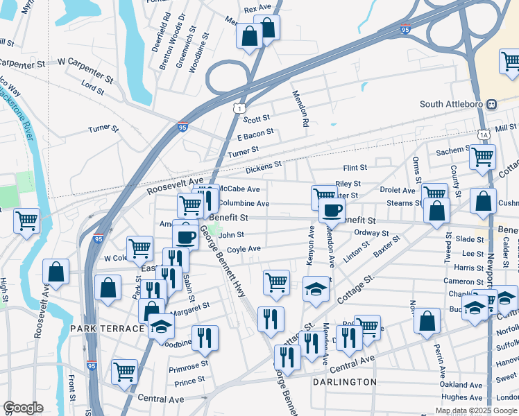 map of restaurants, bars, coffee shops, grocery stores, and more near 82 Columbine Avenue in Pawtucket