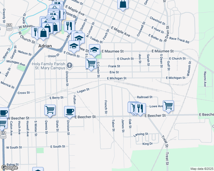 map of restaurants, bars, coffee shops, grocery stores, and more near 502 French Street in Adrian