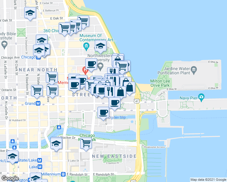 map of restaurants, bars, coffee shops, grocery stores, and more near 355 East Ontario Street in Chicago
