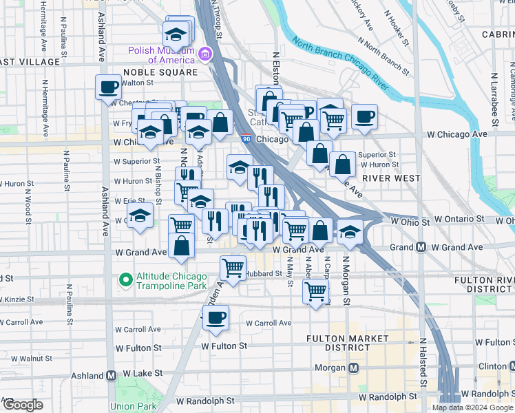 map of restaurants, bars, coffee shops, grocery stores, and more near 1227 West Erie Street in Chicago
