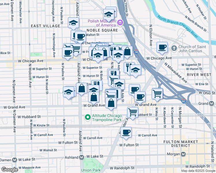 map of restaurants, bars, coffee shops, grocery stores, and more near 1416 West Erie Street in Chicago