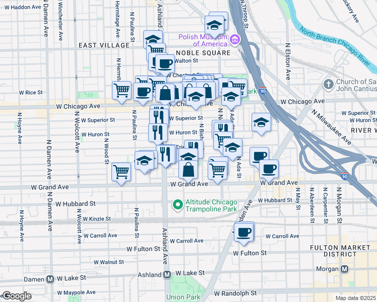 map of restaurants, bars, coffee shops, grocery stores, and more near 1458 West Erie Street in Chicago
