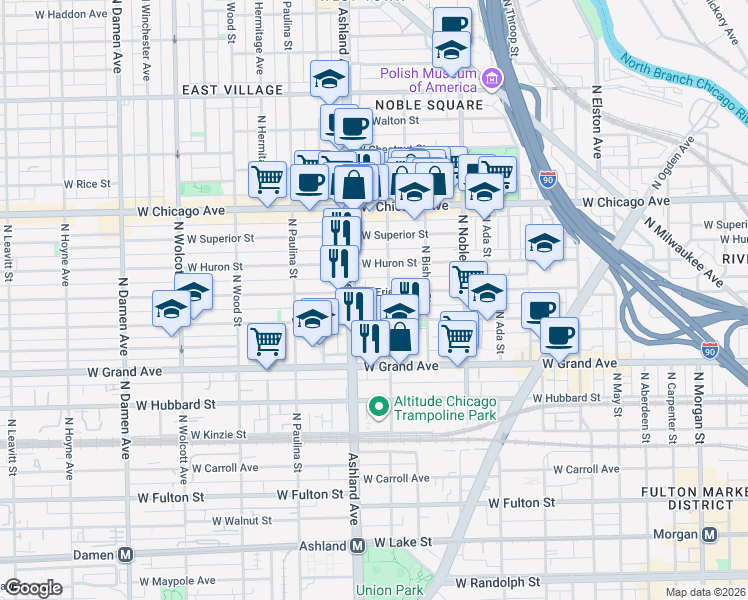 map of restaurants, bars, coffee shops, grocery stores, and more near 1508 West Erie Street in Chicago