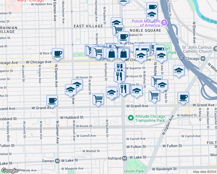 map of restaurants, bars, coffee shops, grocery stores, and more near 1646 West Erie Street in Chicago