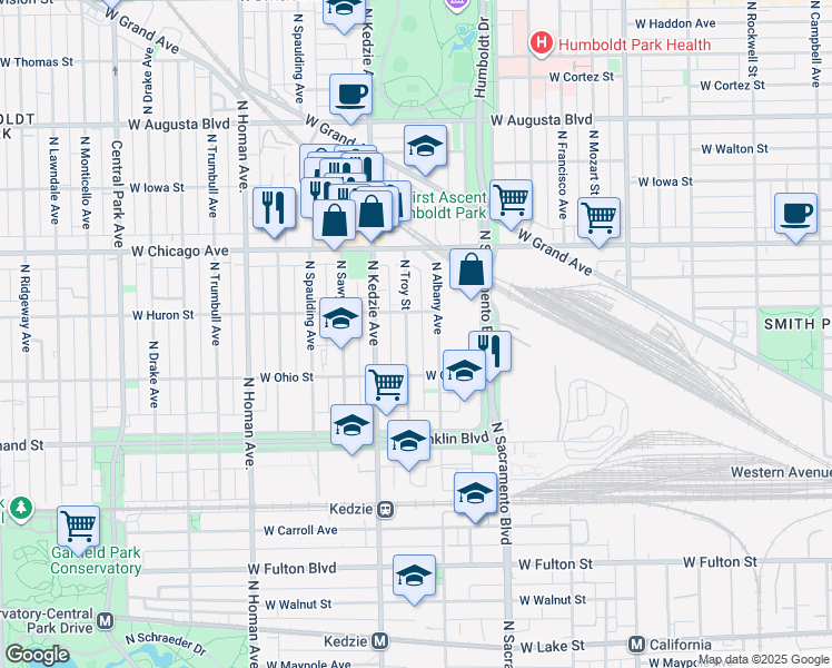 map of restaurants, bars, coffee shops, grocery stores, and more near 3123 West Huron Street in Chicago