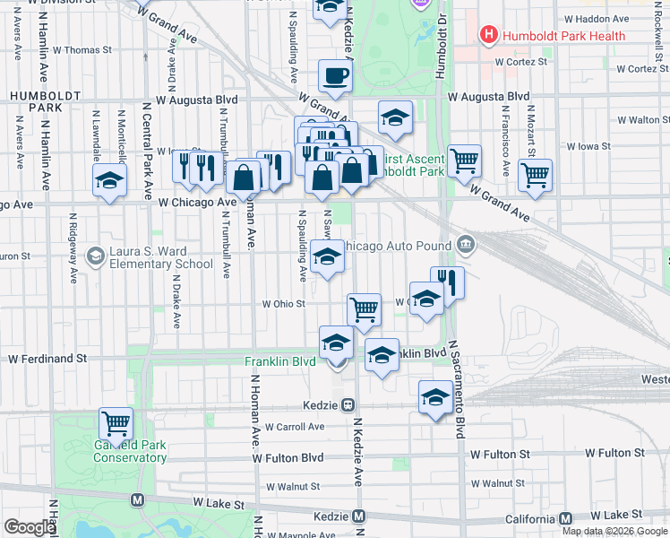 map of restaurants, bars, coffee shops, grocery stores, and more near 652 North Sawyer Avenue in Chicago