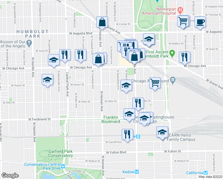 map of restaurants, bars, coffee shops, grocery stores, and more near 656 North Spaulding Avenue in Chicago