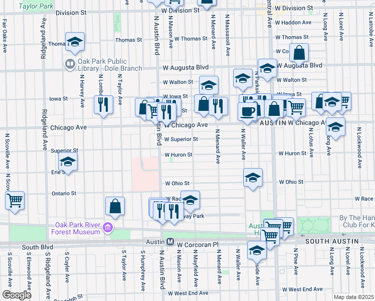 map of restaurants, bars, coffee shops, grocery stores, and more near 720 North Mayfield Avenue in Chicago