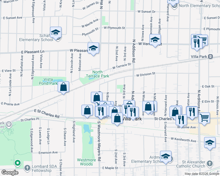 map of restaurants, bars, coffee shops, grocery stores, and more near 226 North 2nd Avenue in Villa Park