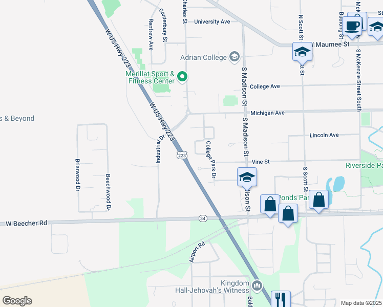 map of restaurants, bars, coffee shops, grocery stores, and more near 424 Feeman Court in Adrian