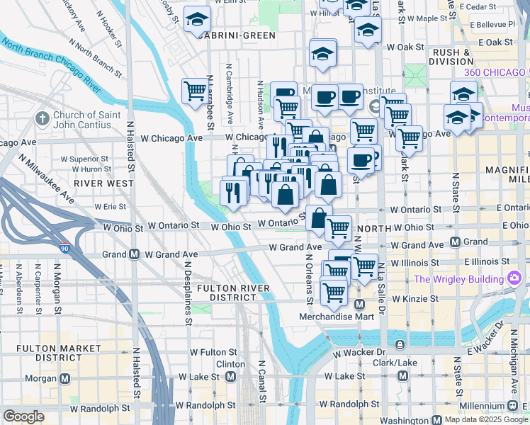 map of restaurants, bars, coffee shops, grocery stores, and more near 407 West Ontario Street in Chicago