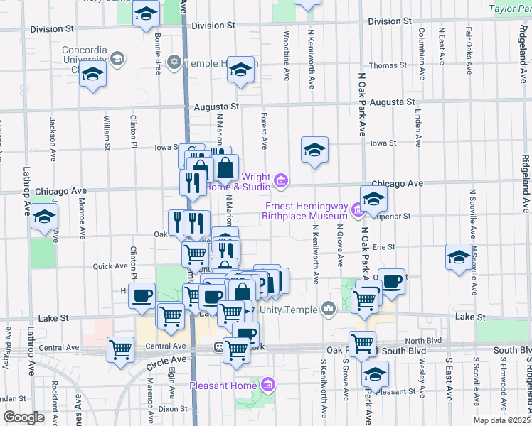 map of restaurants, bars, coffee shops, grocery stores, and more near 411 Forest Avenue in Oak Park