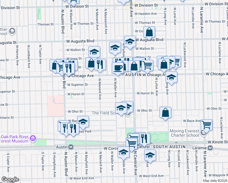 map of restaurants, bars, coffee shops, grocery stores, and more near 5703 West Superior Street in Chicago