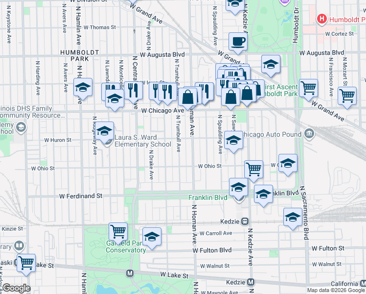map of restaurants, bars, coffee shops, grocery stores, and more near 655 North Trumbull Avenue in Chicago