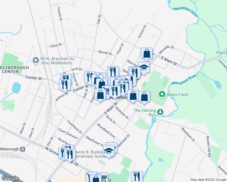 map of restaurants, bars, coffee shops, grocery stores, and more near in Middleborough