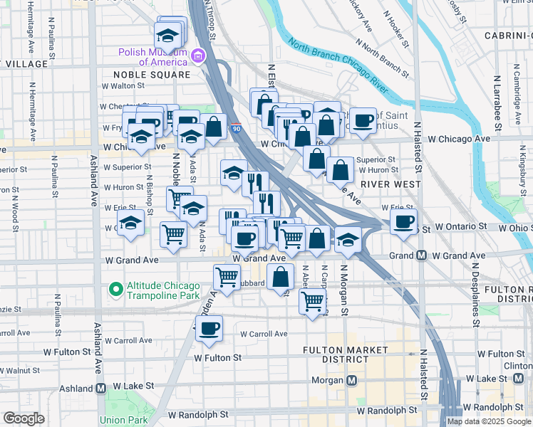 map of restaurants, bars, coffee shops, grocery stores, and more near 1152 West Erie Street in Chicago
