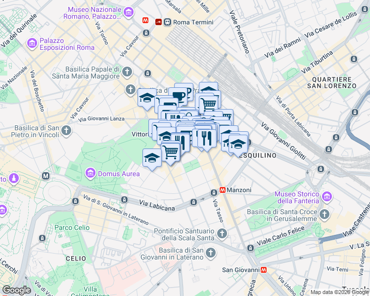 map of restaurants, bars, coffee shops, grocery stores, and more near 34 Via Ferruccio in Roma