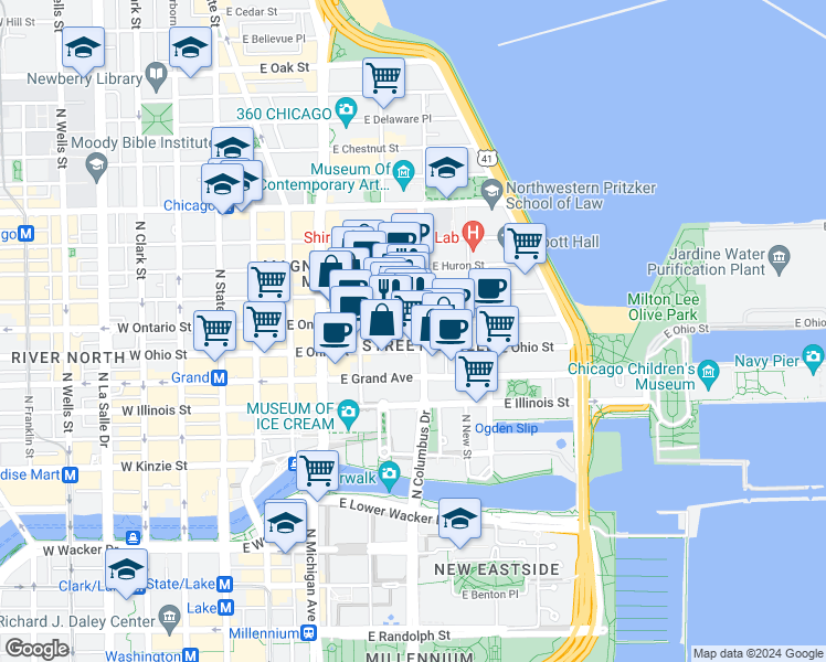 map of restaurants, bars, coffee shops, grocery stores, and more near 240 East Ontario Street in Chicago