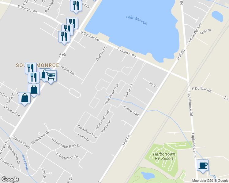 map of restaurants, bars, coffee shops, grocery stores, and more near 119 Birchwood Trail in Monroe