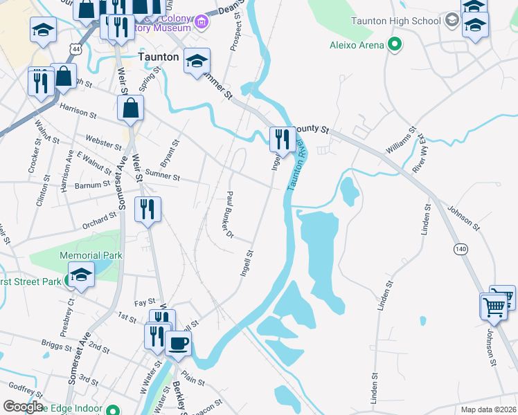 map of restaurants, bars, coffee shops, grocery stores, and more near 43 Ingell Street in Taunton
