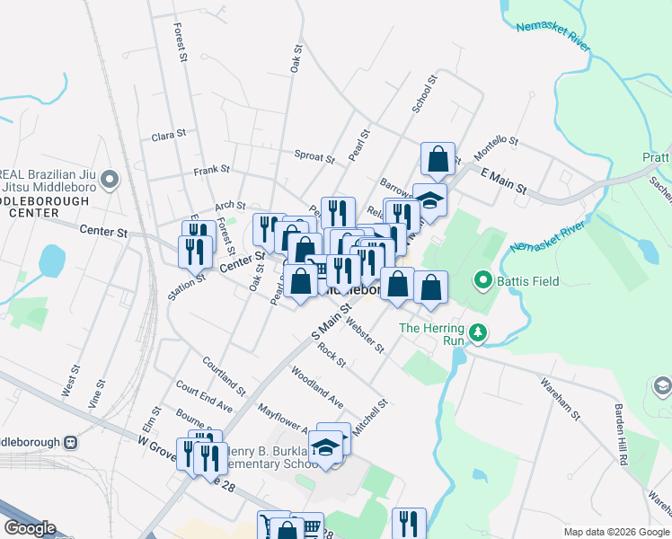 map of restaurants, bars, coffee shops, grocery stores, and more near 85 Center Street in Middleborough