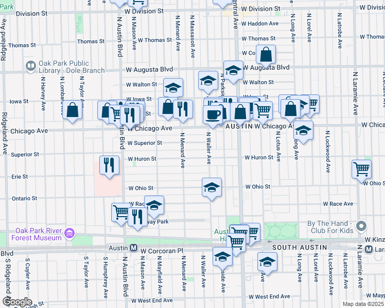 map of restaurants, bars, coffee shops, grocery stores, and more near 5737 West Superior Street in Chicago