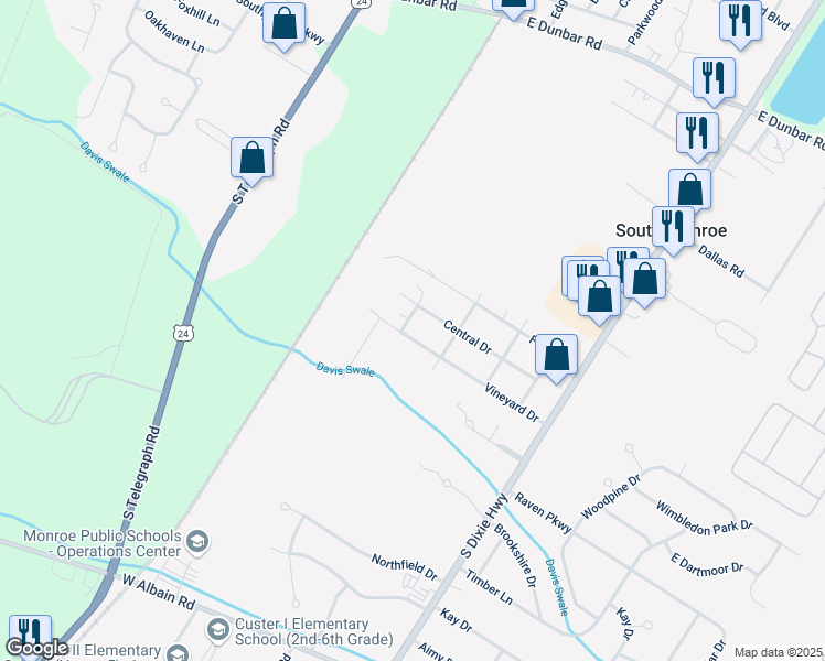 map of restaurants, bars, coffee shops, grocery stores, and more near 5400 Vineyard Drive in Monroe